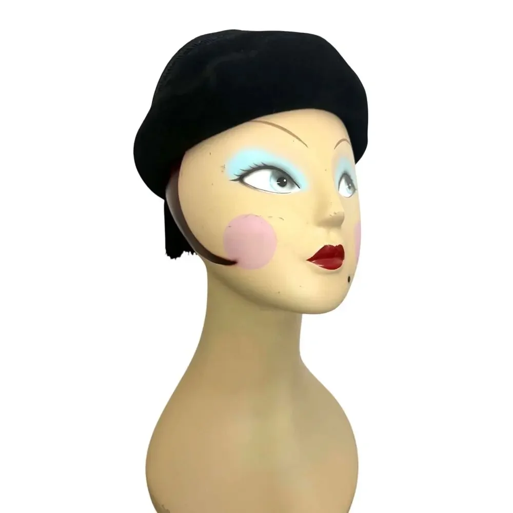 Vintage 60s Jan Leslie Black Velvet Toque Hat Tassels Battelsteins Houston Italy